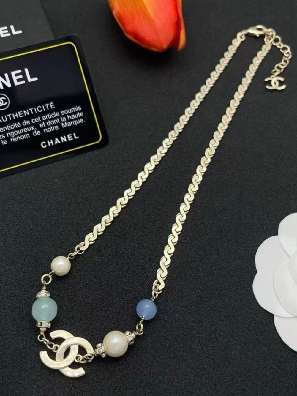 Like-New Chanel Pastel Beaded CC Logo Necklace